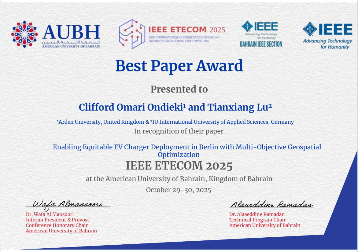 IEEE Best Paper Award Certificate